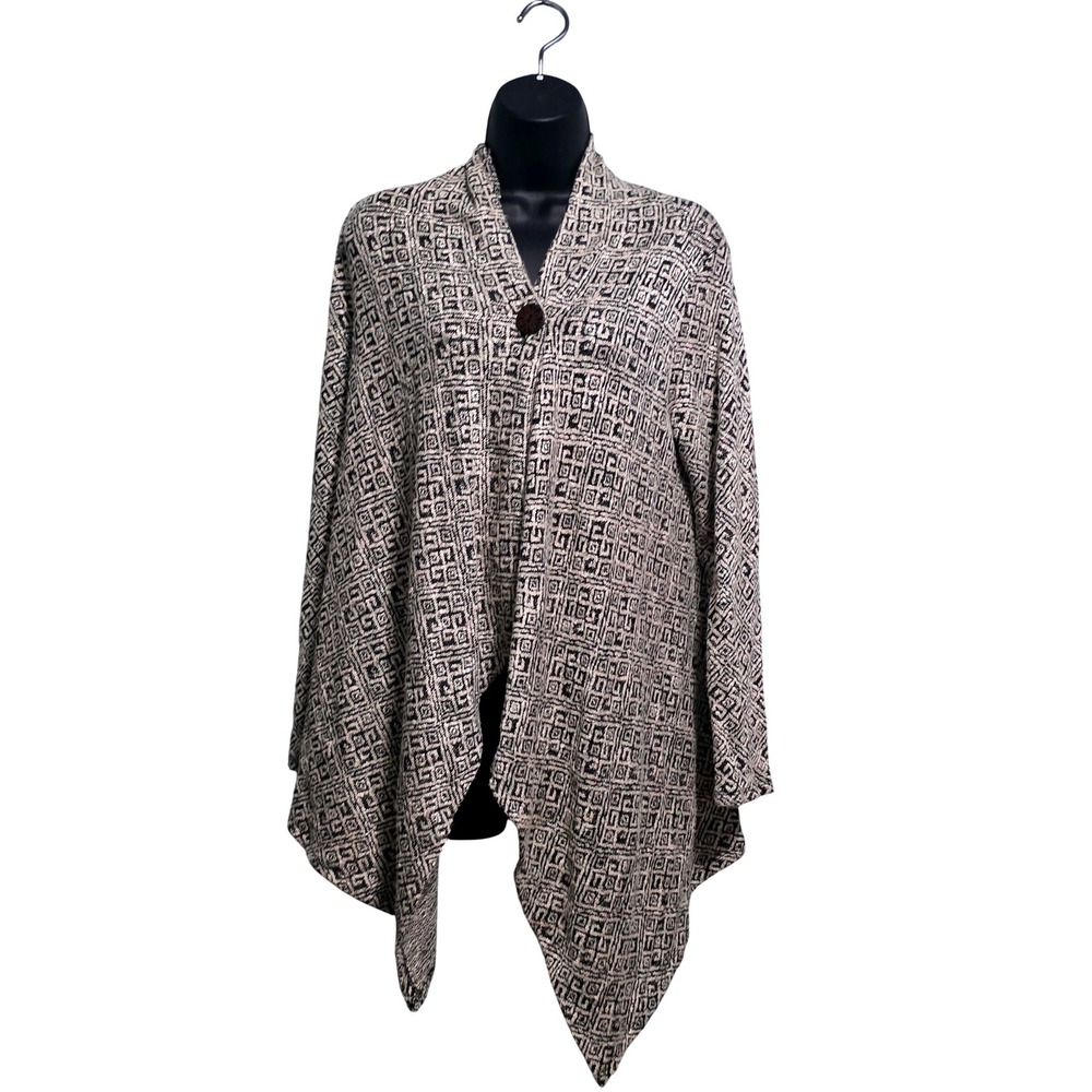 Bobeau Womens Medium Black White Geometric Greek Key Button Cardigan MT2120K3460